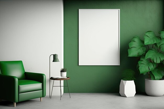 Affiche vierge verticale sur mur de béton vert dans un salon moderne avec fauteuil canapé en cuir vert