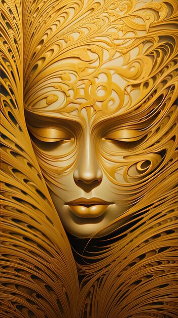 une affiche d'un visage de femme avec des plumes d'or