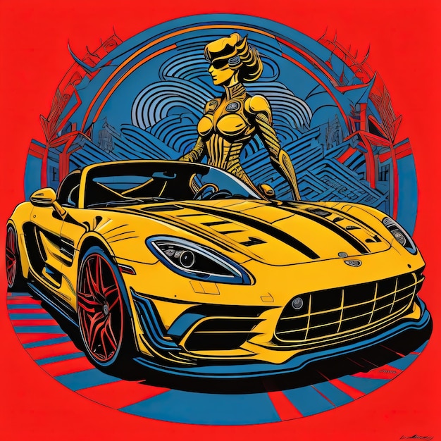 Affiche de voiture de sport jaune avec une fille