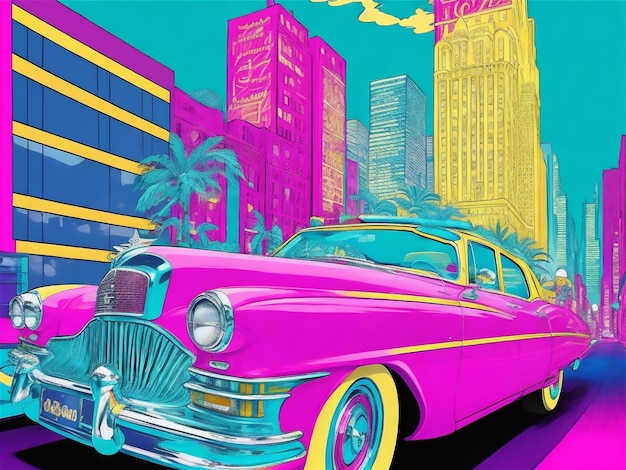 Affiche avec une voiture vintage Voiture plate aux couleurs vives sur le fond de la ville