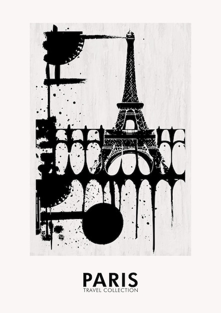Affiche de voyage vintage de Paris à l'encre noire abstraite dessinée à la main Décor à la maison imprimable