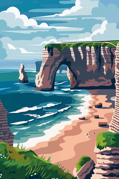 Affiche de voyage vintage avec une vue spectaculaire sur Etretat Aval falaises Normandie France