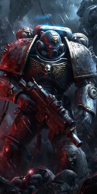 Une affiche warhammer 40k avec un homme tenant une arme à feu.