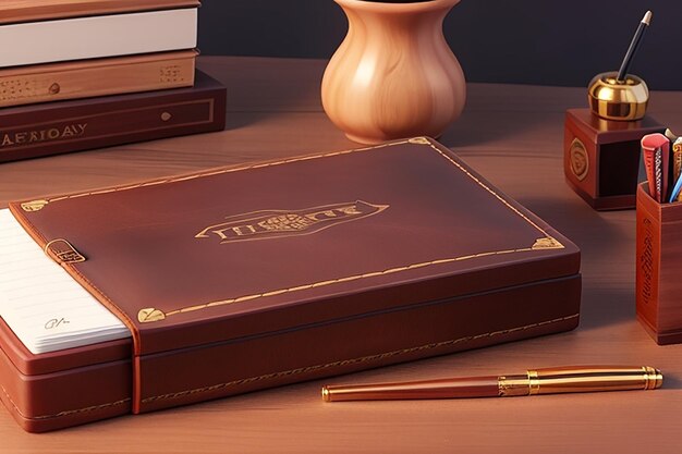 Afficher un ensemble de stylos de luxe et de cahiers en cuir sur le tableau en bois contre un bureau en acajou classique