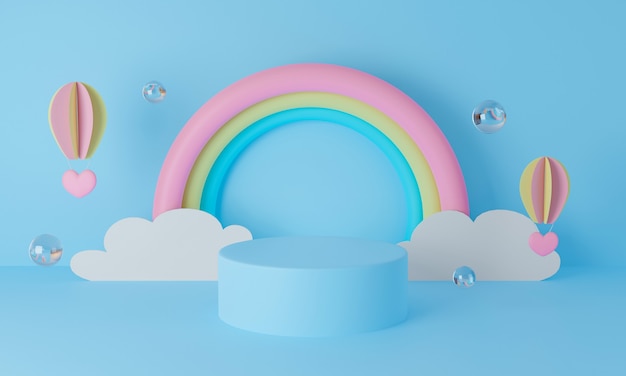 Afficher le podium. Arc-en-ciel avec ballon et nuages