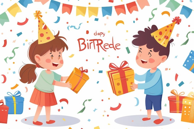 Des affiches modernes de fêtes d'anniversaire pour enfants. Une fille reçoit un cadeau d'un garçon. Une petite fille portant un chapeau de fête tient le cadeau avec des confettis et des guirlandes.