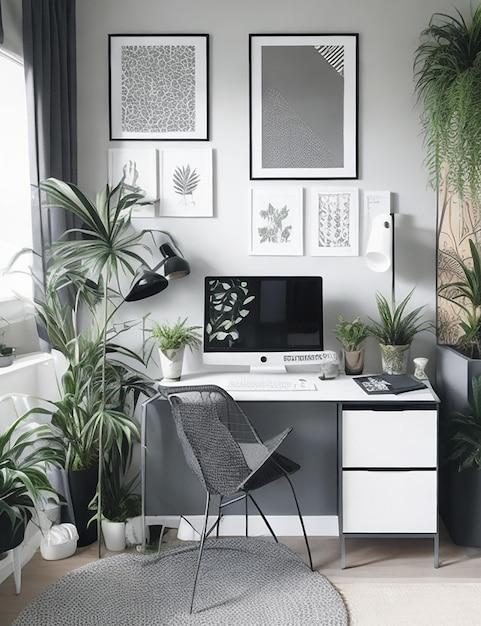 Affiches à motifs au-dessus du bureau avec écran d'ordinateur dans un intérieur de bureau à domicile gris avec des plantes