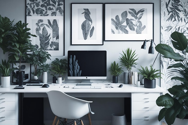 Affiches à motifs au-dessus du bureau avec écran d'ordinateur dans un intérieur de bureau à domicile gris avec des plantes