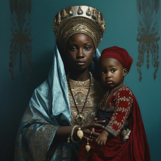 Photo une africaine avec son enfant dans le style du symbolisme sombre