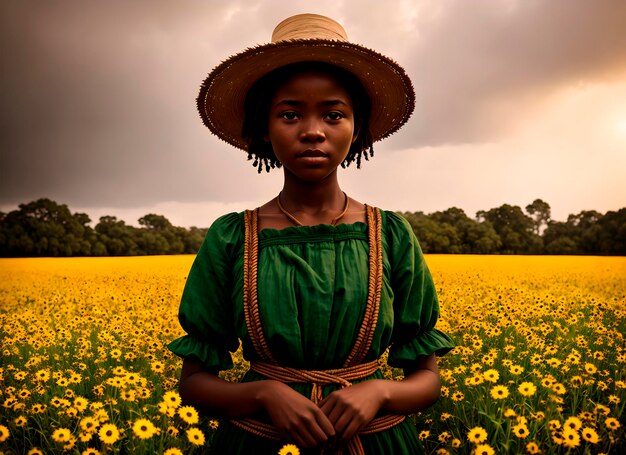 Photo african american farmer girl in a straw hat on the background of the countryside generative ai