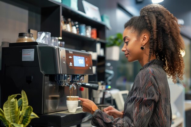 Photo african american woman talking with colleagues while using modern coffee machine in office