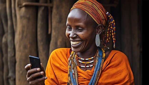 Afrique Femme joyeuse d'une tribu africaine chasseurs utilisant la technologie moderne smartphone acclamation