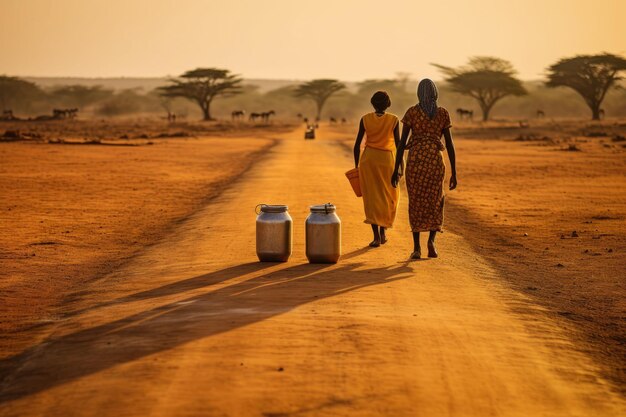 Photo en afrique, des femmes marchent des kilomètres avec des bidons vides à la recherche des précieuses gouttes d'eau.