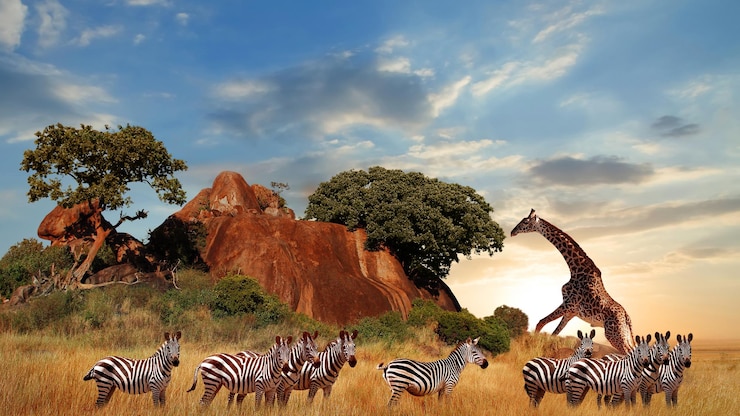 Photo afrique tanzanie girafes et zèbres dans la savane africaine au coucher du soleil parc national du serengeti