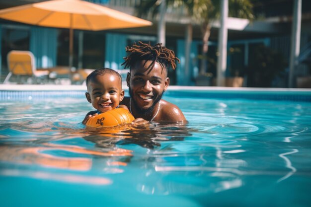 Afro-américain et bébé heureux jouant dans la piscine pendant les vacances d'été