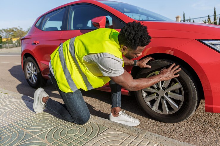 Un Afro-Américain change un pneu de voiture rouge