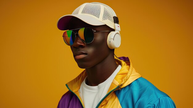 Un Afro-Américain en combinaison, casque, lunettes de soleil et écouteurs dans le style rétro des années 80