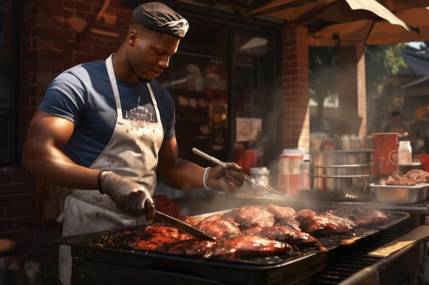 Un Afro-Américain cuisine de la viande dans la rue dans la ville sur un gril Le concept de la nourriture de rue