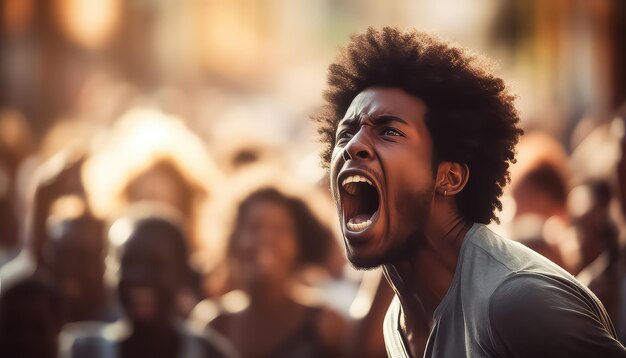 Un Afro-Américain dans une foule de manifestants criant le mois de l'histoire noire