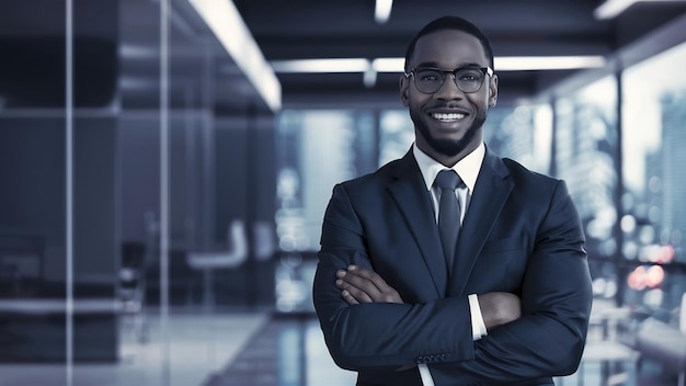 Afro-américain heureux homme à succès en costume et lunettes homme d'affaires noir