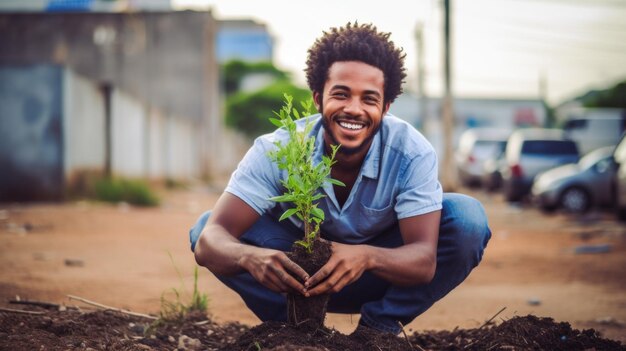 Un Afro-Américain heureux plante un arbre Concept de protection et de conservation de l'environnement