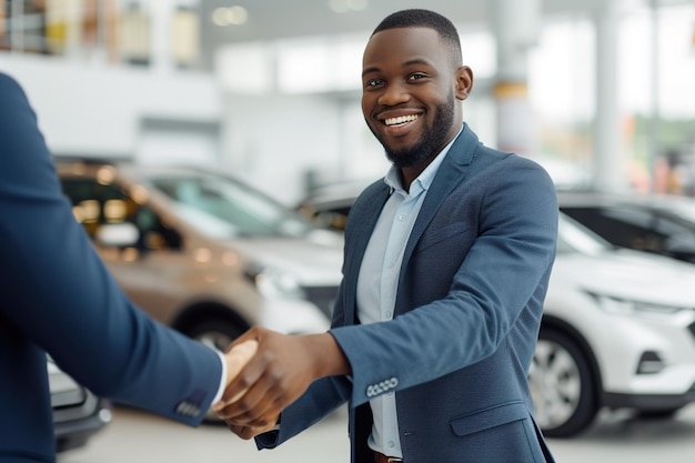 Photo un afro-américain heureux serrant la main d'un vendeur après avoir acheté une nouvelle voiture dans une salle d'exposition.