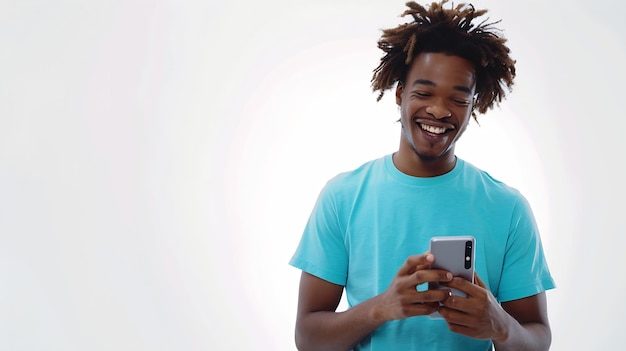 Un afro-américain joyeux aux cheveux tranchants tient un téléphone intelligent moderne heureux de recevoir l'IA générative