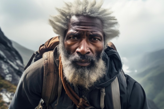 Photo afro-américain noir âgé aux cheveux blancs homme alpiniste grimpeur