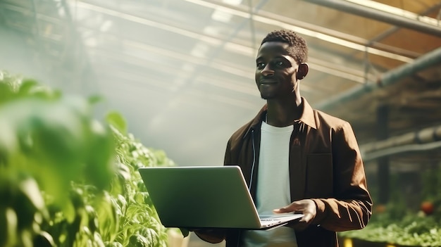 Photo un afro-américain à la peau noire avec une tablette portable est en train de planter et de s'occuper des plantes.