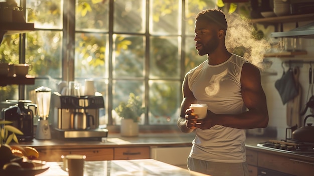 Un Afro-Américain prend une tasse de café dans sa cuisine à la maison après avoir travaillé sur le soleil est rayonnant et l'espace IA générative