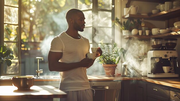 Un Afro-Américain prend une tasse de café dans sa cuisine à la maison après avoir travaillé sur le soleil est rayonnant et l'espace IA générative