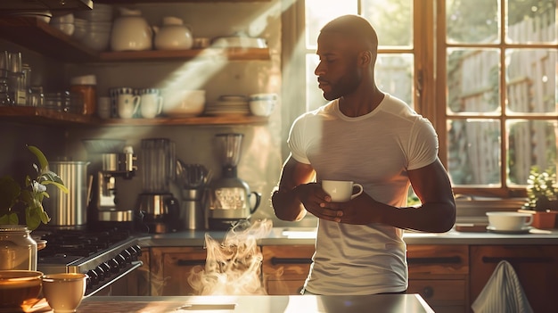 Un Afro-Américain prend une tasse de café dans sa cuisine à la maison après avoir travaillé sur le soleil est rayonnant et l'espace IA générative