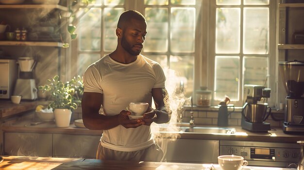 Un Afro-Américain prend une tasse de café dans sa cuisine à la maison après avoir travaillé sur le soleil est rayonnant et l'espace IA générative