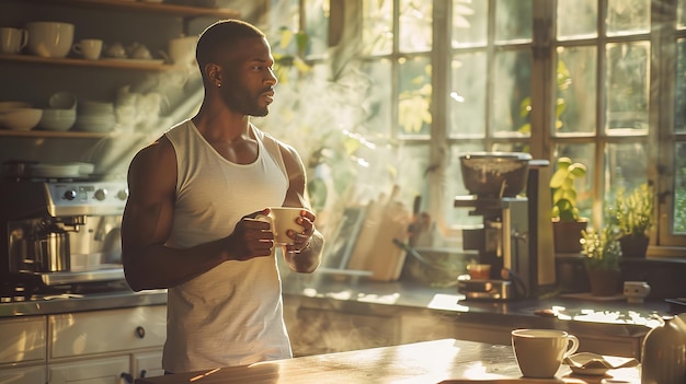 Un Afro-Américain prend une tasse de café dans sa cuisine à la maison après avoir travaillé sur le soleil est rayonnant et l'espace IA générative