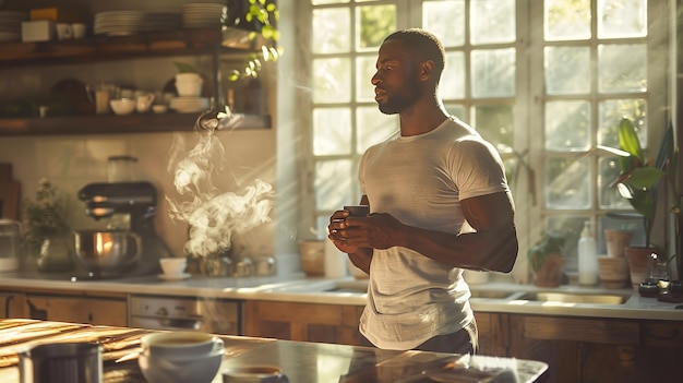 Un Afro-Américain prend une tasse de café dans sa cuisine à la maison après avoir travaillé sur le soleil est rayonnant et l'espace IA générative