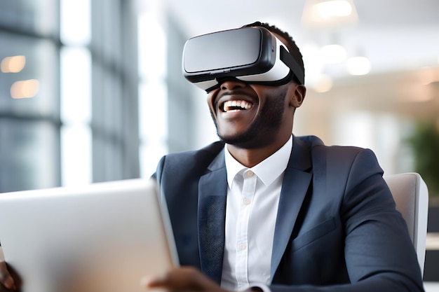 Un Afro-Américain professionnel en costume d'affaires utilisant un casque VR