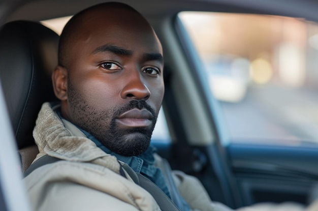 Un Afro-Américain sérieux dans une voiture.