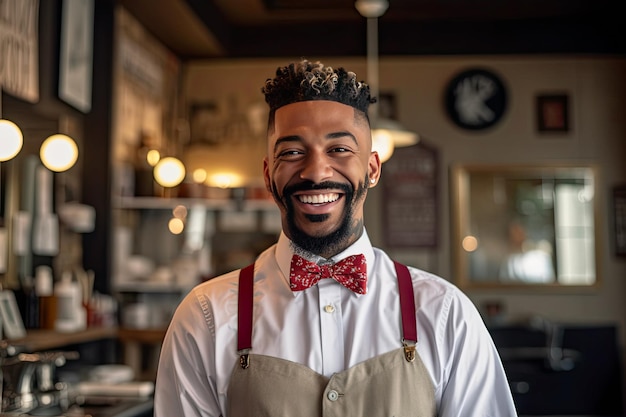 Afro-américain souriant barbier homme avec noeud papillon et salon de coiffure en arrière-plan avec coiffure de mode