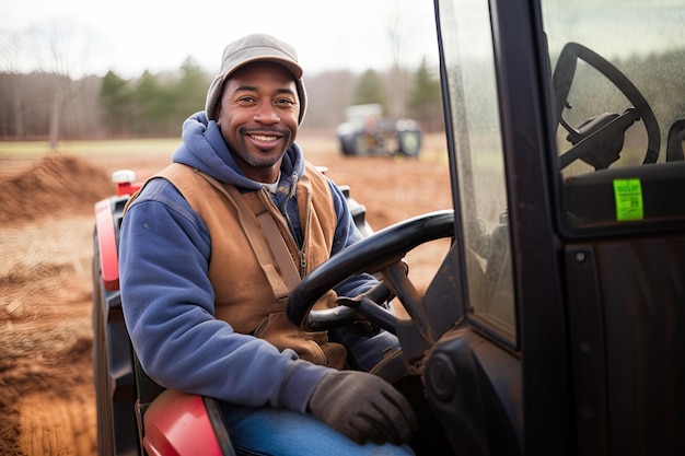 Un Afro-Américain sur un tracteur travaillant dans le champ générateur d'IA