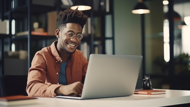 Un Afro-Américain utilise un ordinateur portable dans un café.
