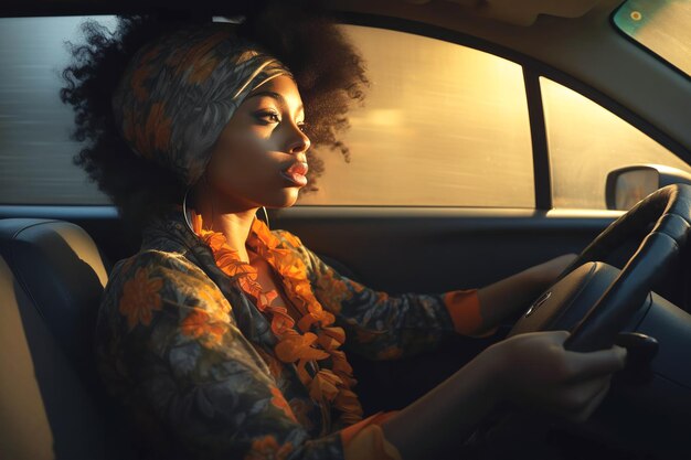 Photo une afro-américaine au volant de sa voiture.
