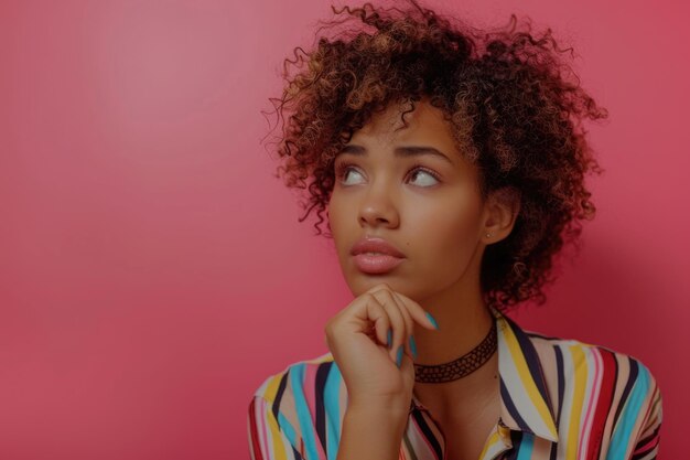 Photo une afro-américaine bouclée profondément pensée contre un mur rose.