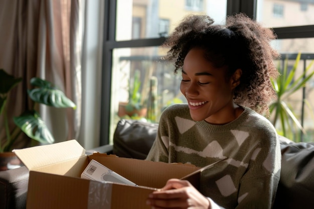 Photo une afro-américaine joyeuse déballant un nouvel achat à la maison