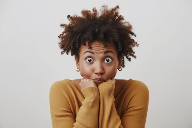 Une Afro-Américaine nerveuse et se mordant les ongles en studio avec une réaction à des commérages sur Purple.