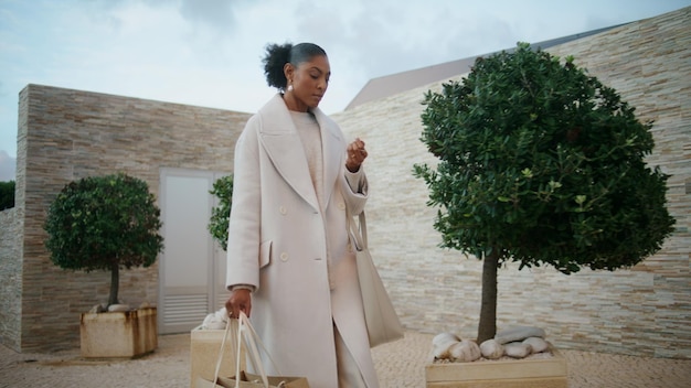 Afro-américaine portant des sacs d'achat magnifique femme à succès marche moderne