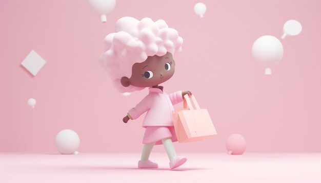 Afro animation américaine fille faisant du shopping 3D fond rose pastel Portrait d'un afro positif et joyeux