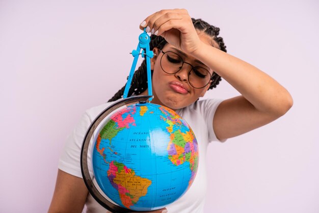 Afro femme noire avec des tresses avec le modèle de la planète terre