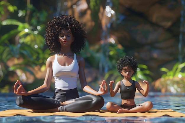 Photo afro mère et fille faisant du yoga