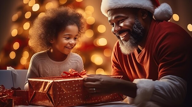 Afro Père et fille recevant des cadeaux de Noël générés par l'IA