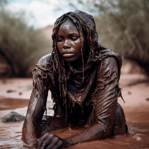 afroamericana modelo pensativa bano de barro goteando en ropa y cuerpo Africa desierto